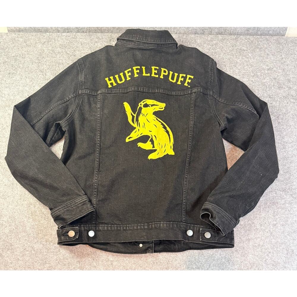 Official Harry Potter Hufflepuff Black Denim Jacket Large Women's Spellout - Picture 4 of 7